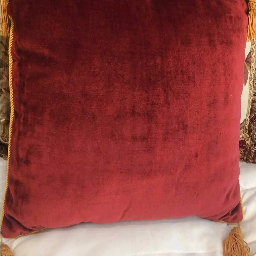Red Velvet Square Pillow with Gold Tassels plus a leopard pillow